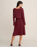 Ribbed Knit Slip Dress with Square Neck and Fine Straps - Wine Red
