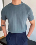 Ribbed Linen Cotton T-Shirt with Crew Neck, Short Sleeve - Blue