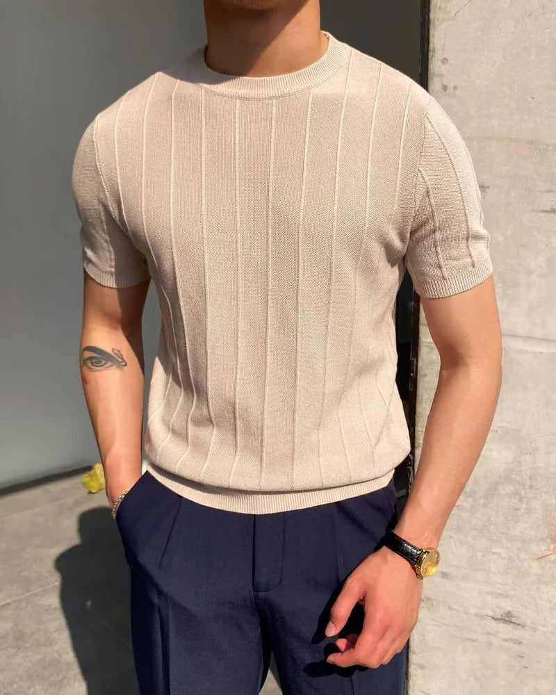 Ribbed Linen Cotton T-Shirt with Crew Neck, Short Sleeve - Beige