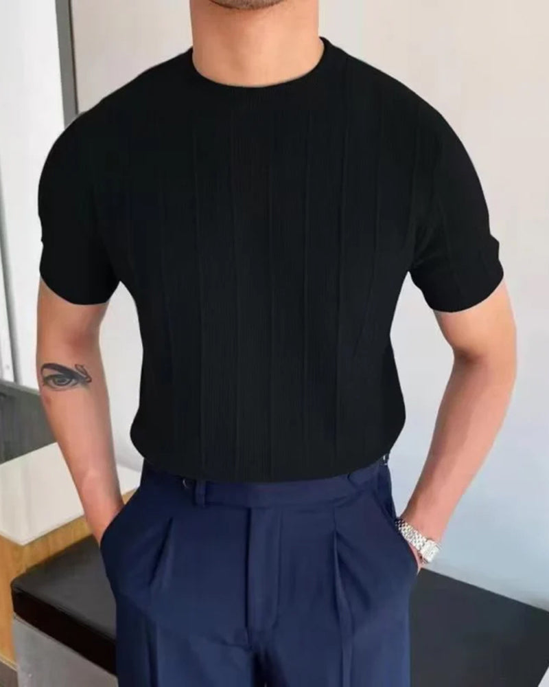 Ribbed Linen Cotton T-Shirt with Crew Neck, Short Sleeve - Black