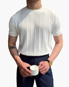 Ribbed Linen Cotton T-Shirt with Crew Neck, Short Sleeve - White