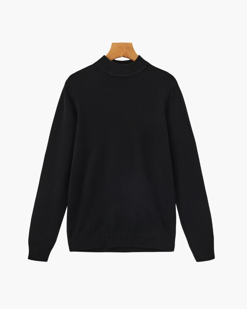 Ribbed Mock Neck Jumper with Fine Knit Texture - Black