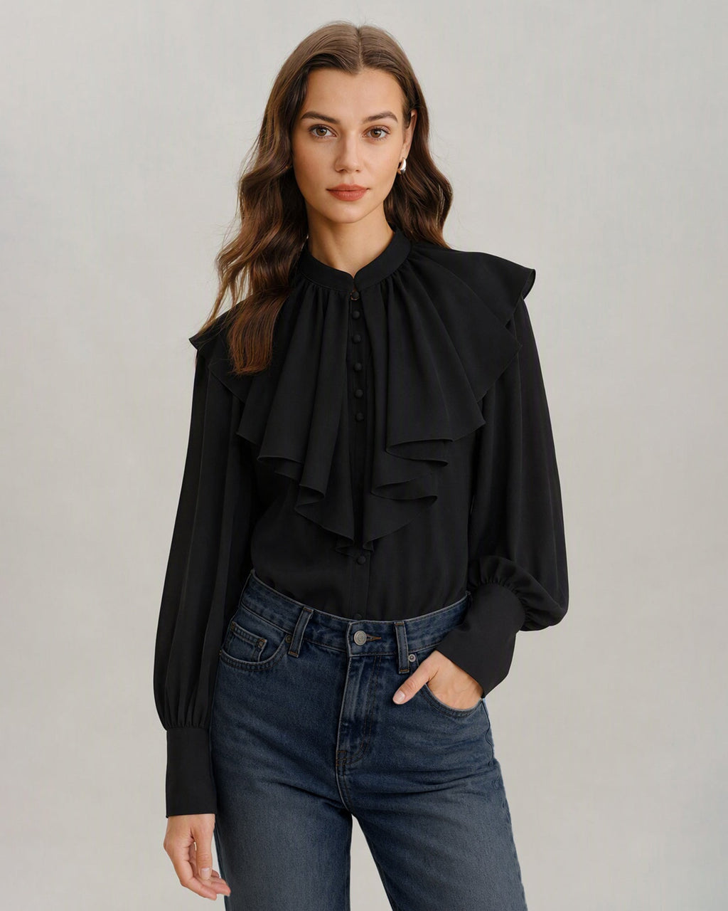 Ruffle Front Shirt with Mandarin Collar and Full Sleeves - Black