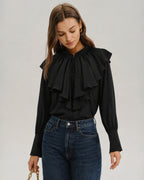 Ruffle Front Shirt with Mandarin Collar and Full Sleeves - Black