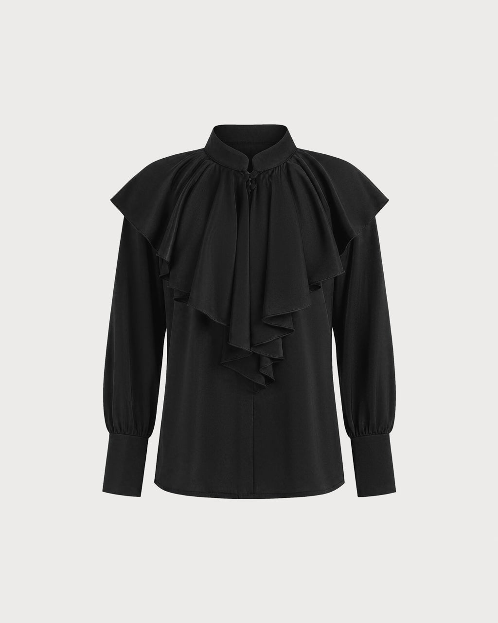 Ruffle Front Shirt with Mandarin Collar and Full Sleeves - Black