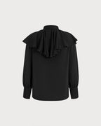 Ruffle Front Shirt with Mandarin Collar and Full Sleeves - Black