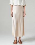 Satin Midi Skirt with Elasticated Waist and Fluid Drape - Beige