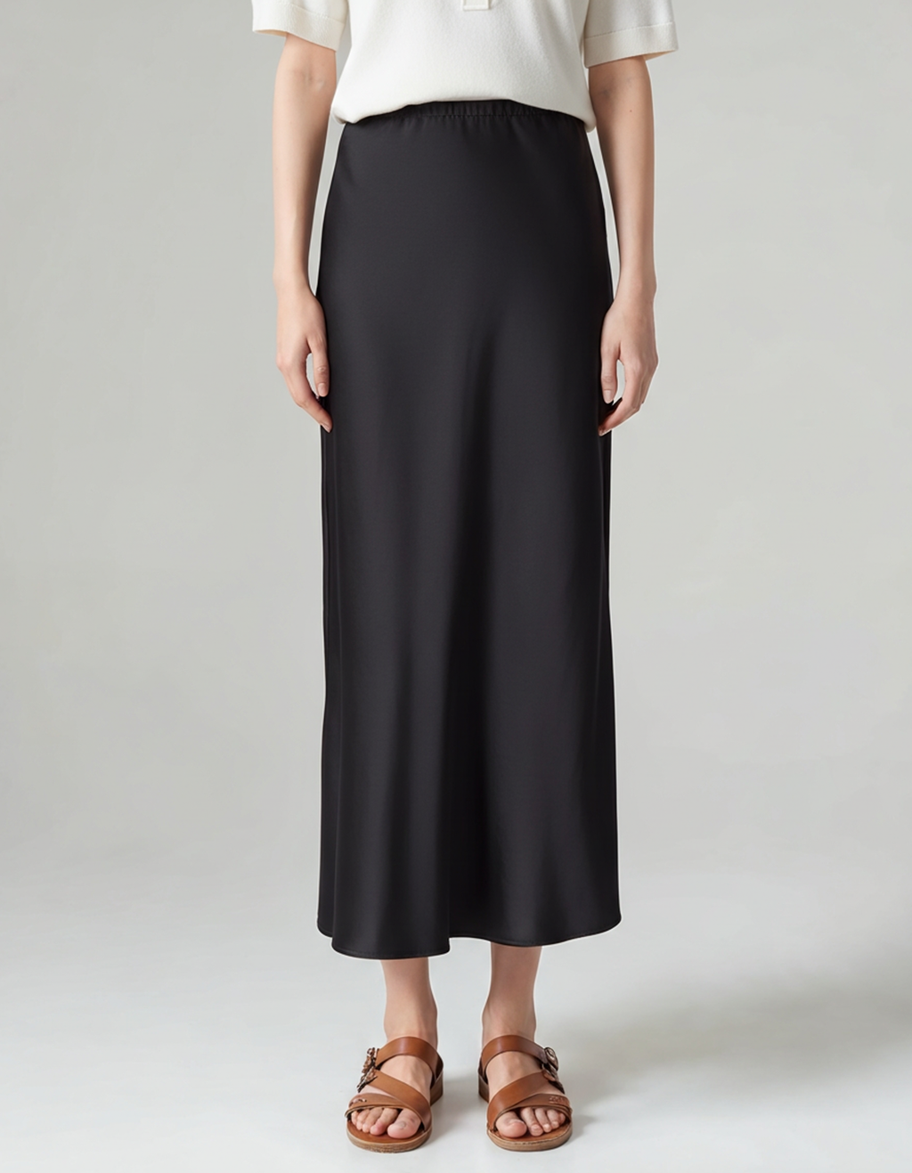 Satin Midi Skirt with Elasticated Waist and Fluid Drape - Black