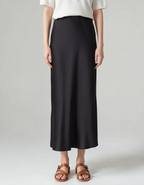 Satin Midi Skirt with Elasticated Waist and Fluid Drape - Black