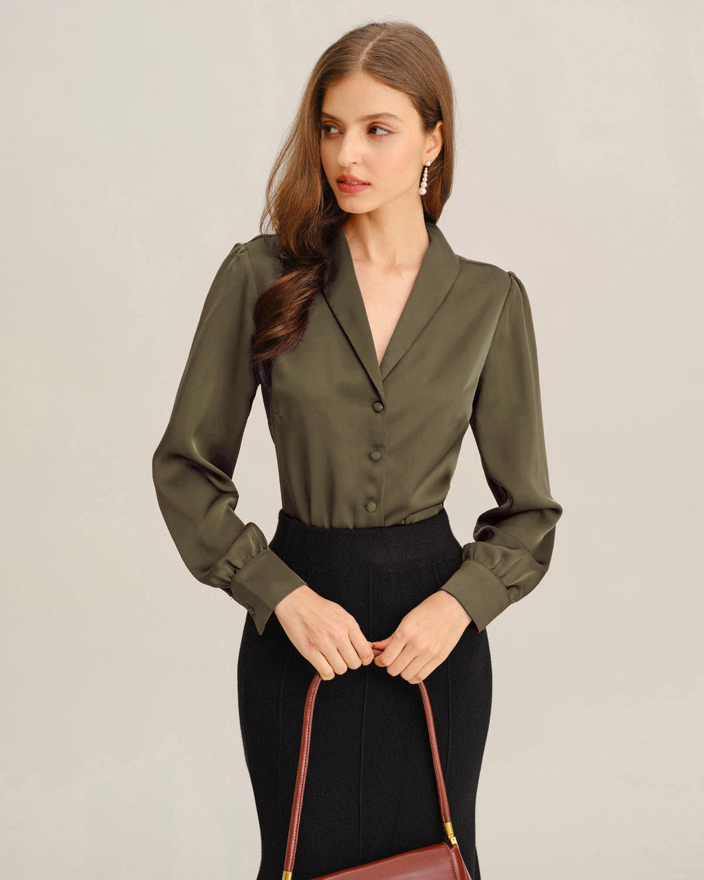 Satin Shirt with Notch Collar and Buttoned Cuffs - Green