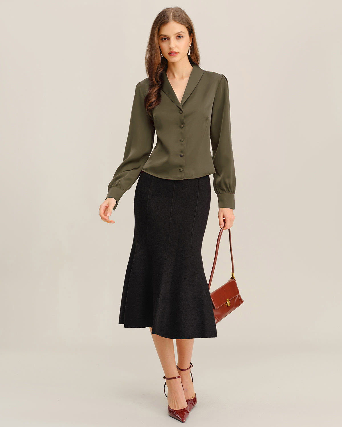 Satin Shirt with Notch Collar and Buttoned Cuffs - Green