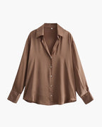 Satin Shirt with Point Collar, Slightly Oversized, Long Sleeve - Sandy Brown