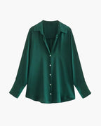 Satin Shirt with Point Collar, Slightly Oversized, Long Sleeve - Emerald Green