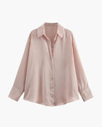 Satin Shirt with Point Collar, Slightly Oversized, Long Sleeve - Spring Pink