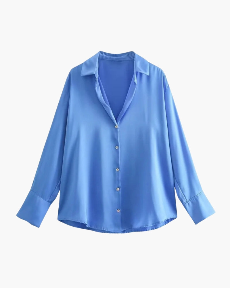 Satin Shirt with Point Collar, Slightly Oversized, Long Sleeve - Light Blue