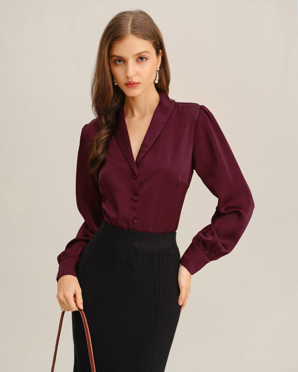 Satin Shirt with V Neckline and Covered Button Front - Wine Red