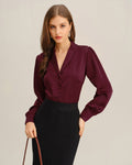 Satin Shirt with V Neckline and Covered Button Front - Wine Red