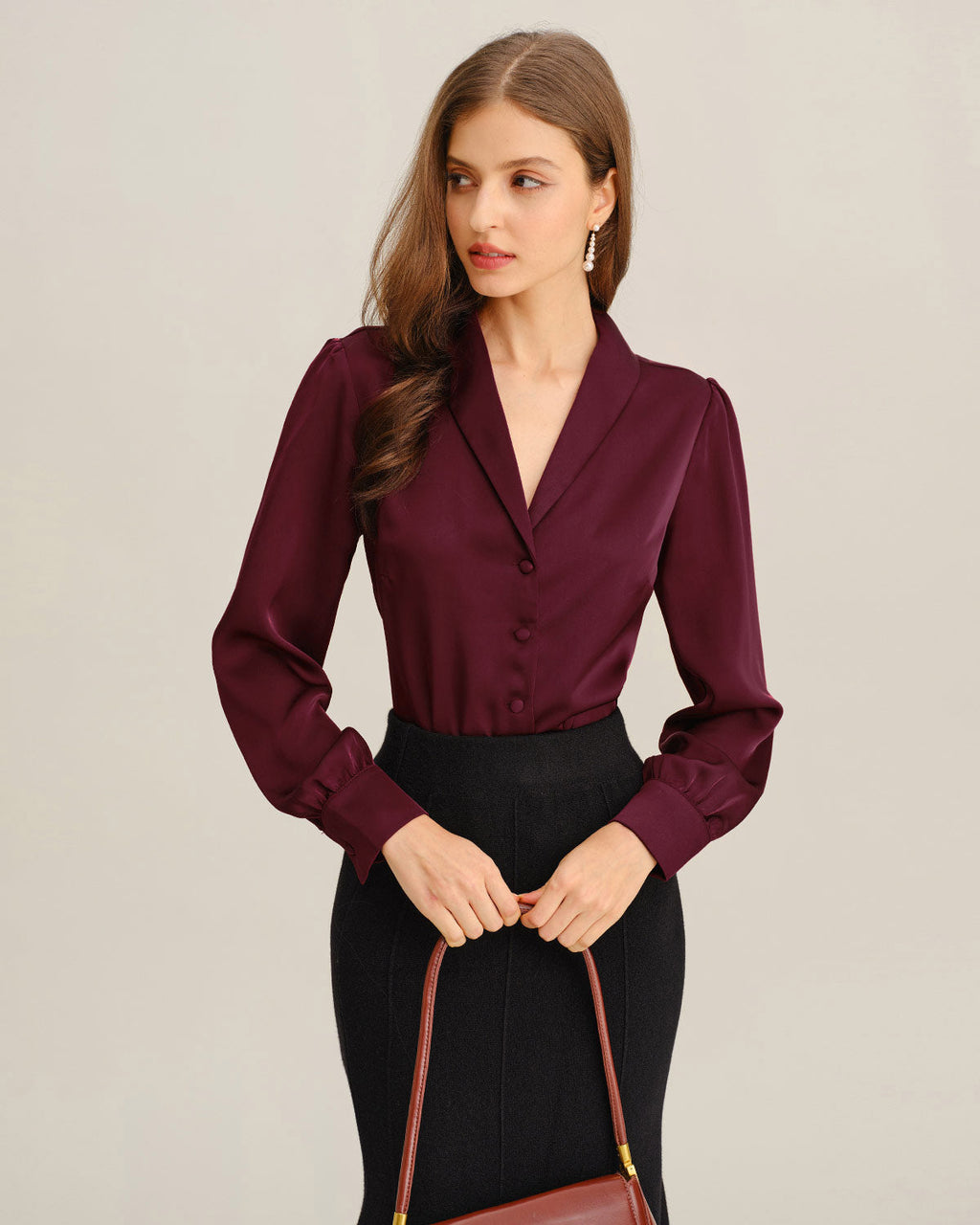 Satin Shirt with V Neckline and Covered Button Front - Wine Red