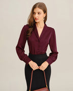 Satin Shirt with V Neckline and Covered Button Front - Wine Red