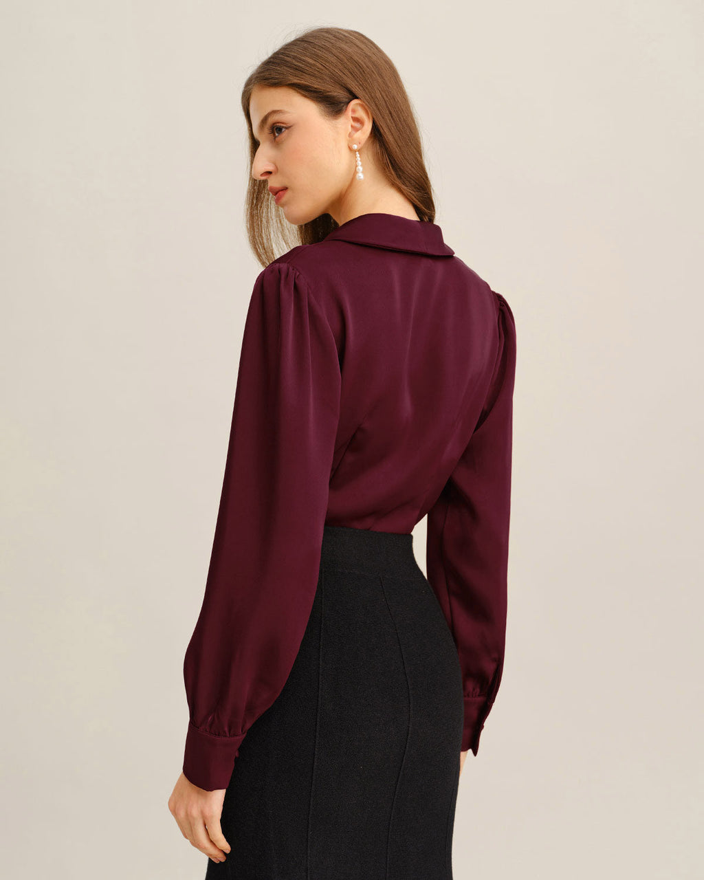 Satin Shirt with V Neckline and Covered Button Front - Wine Red