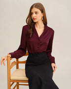 Satin Shirt with V Neckline and Covered Button Front - Wine Red