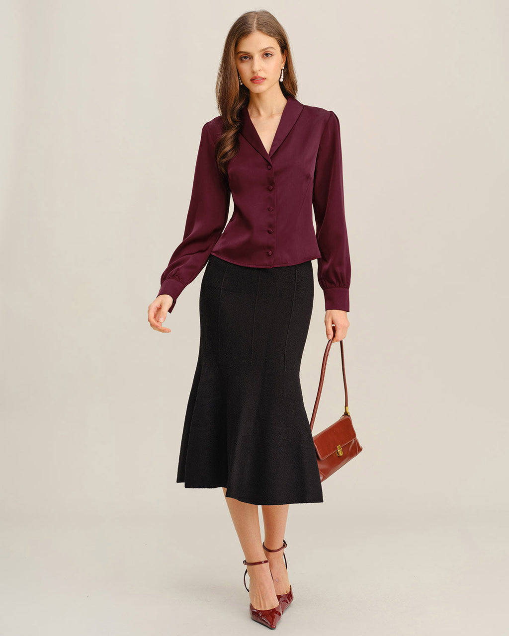 Satin Shirt with V Neckline and Covered Button Front - Wine Red