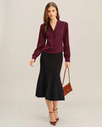 Satin Shirt with V Neckline and Covered Button Front - Wine Red