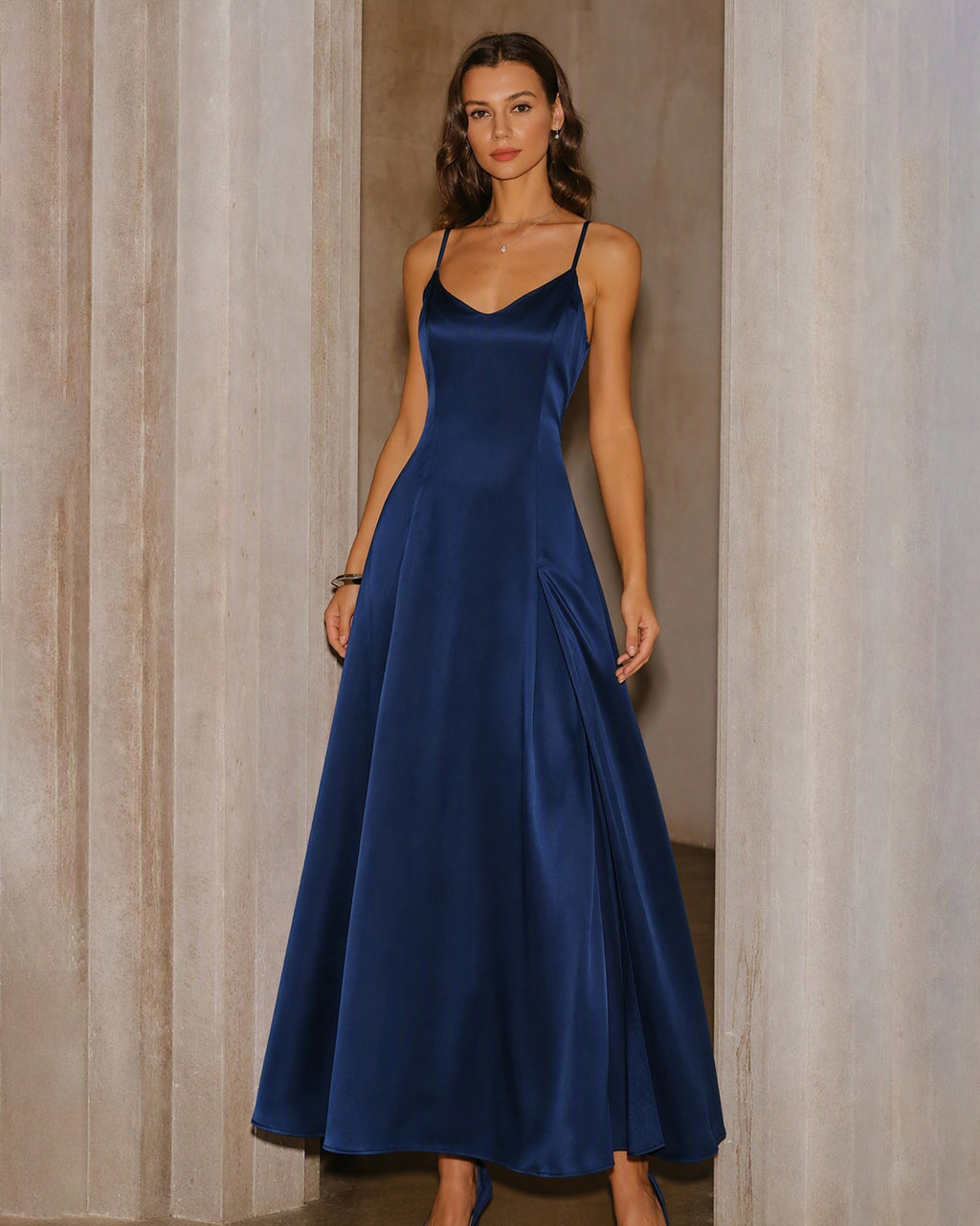 Satin Slip Maxi Dress with Sweetheart Neck and Corset Back - Navy