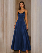 Satin Slip Maxi Dress with Sweetheart Neck and Corset Back - Navy