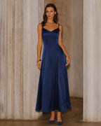 Satin Slip Maxi Dress with Sweetheart Neck and Corset Back - Navy