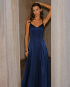 Satin Slip Maxi Dress with Sweetheart Neck and Corset Back - Navy