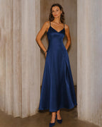 Satin Slip Maxi Dress with Sweetheart Neck and Corset Back - Navy