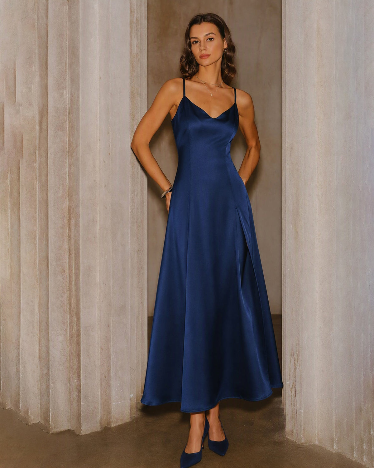 Satin Slip Maxi Dress with Sweetheart Neck and Corset Back - Navy