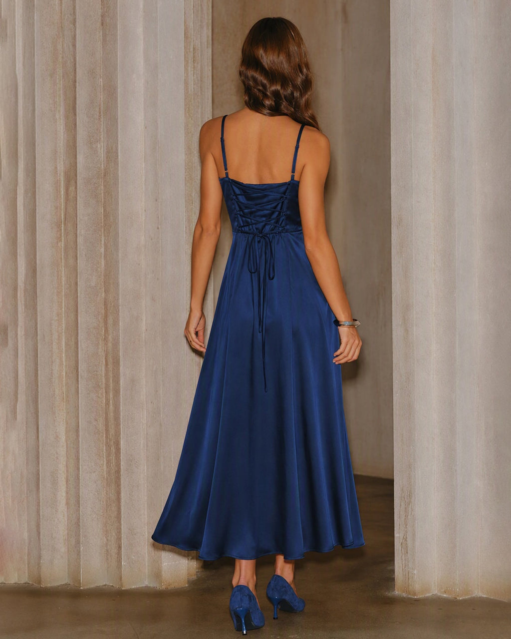 Satin Slip Maxi Dress with Sweetheart Neck and Corset Back - Navy