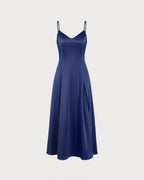 Satin Slip Maxi Dress with Sweetheart Neck and Corset Back - Navy