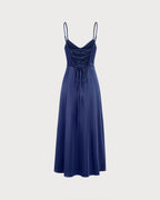 Satin Slip Maxi Dress with Sweetheart Neck and Corset Back - Navy