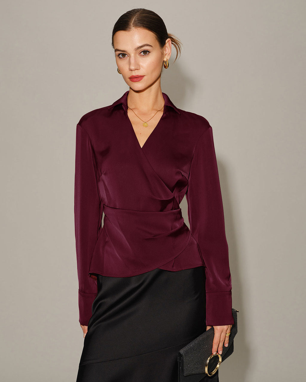 Satin Wrap Blouse with V Neck and Self Tie Waist - Wine Red