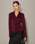 Satin Wrap Blouse with V Neck and Self Tie Waist - Wine Red