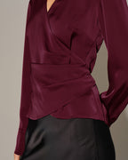 Satin Wrap Blouse with V Neck and Self Tie Waist - Wine Red