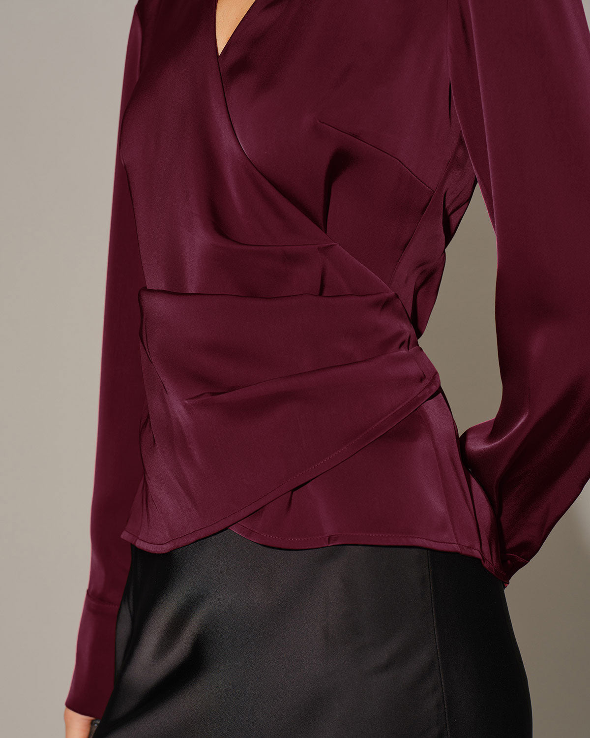 Satin Wrap Blouse with V Neck and Self Tie Waist - Wine Red