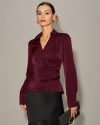 Satin Wrap Blouse with V Neck and Self Tie Waist - Wine Red