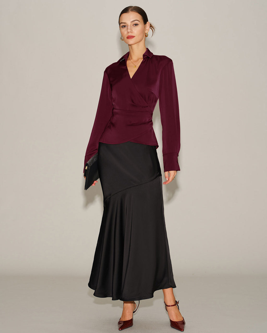 Satin Wrap Blouse with V Neck and Self Tie Waist - Wine Red
