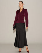 Satin Wrap Blouse with V Neck and Self Tie Waist - Wine Red