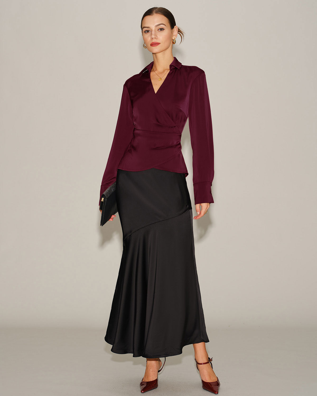 Satin Wrap Blouse with V Neck and Self Tie Waist - Wine Red