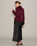Satin Wrap Blouse with V Neck and Self Tie Waist - Wine Red