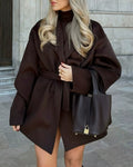 Shawl Collar Wrap Coat with Tie Belt and Wide Sleeves - Coffee