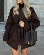 Shawl Collar Wrap Coat with Tie Belt and Wide Sleeves - Coffee
