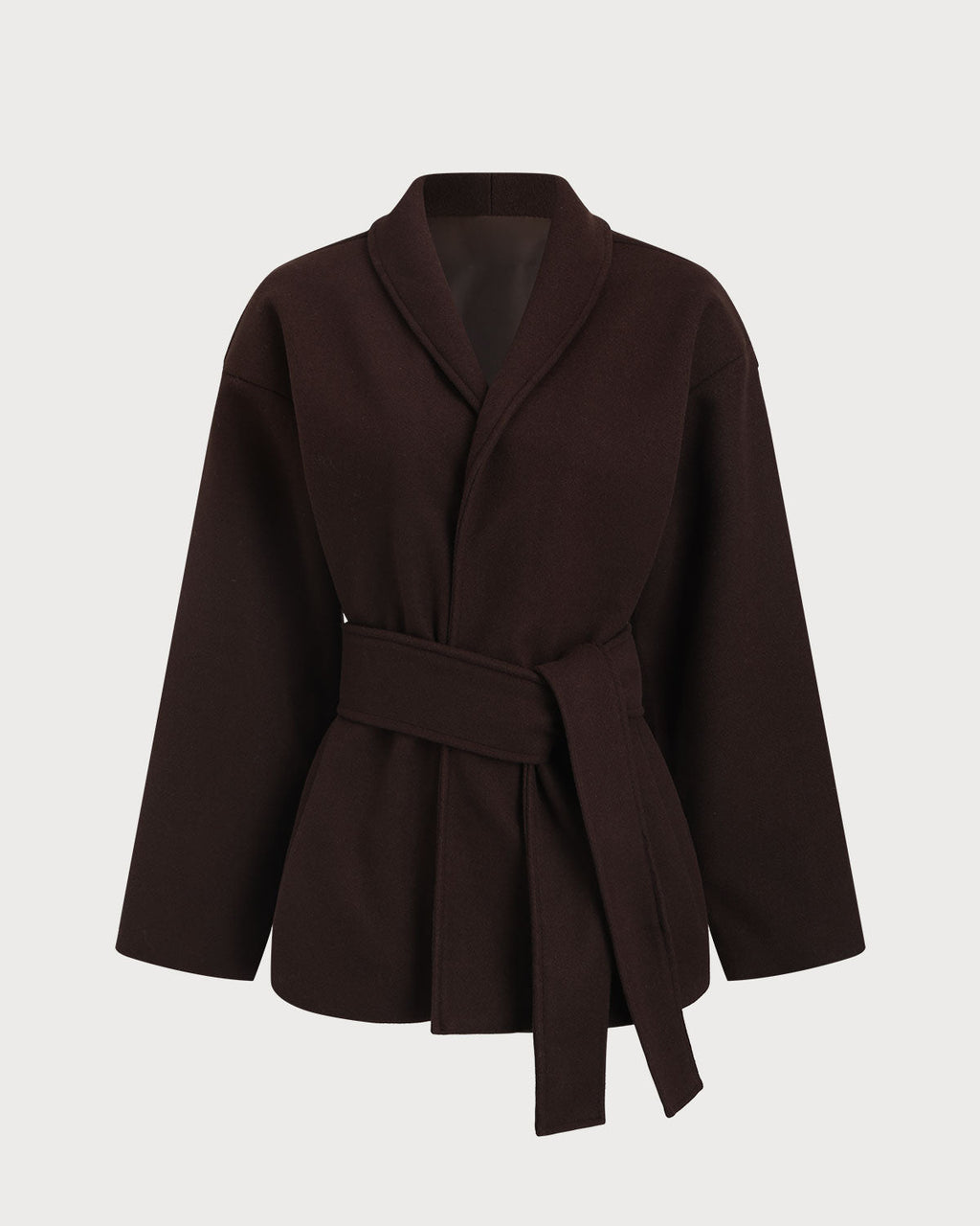 Shawl Collar Wrap Coat with Tie Belt and Wide Sleeves - Coffee
