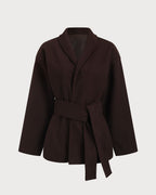 Shawl Collar Wrap Coat with Tie Belt and Wide Sleeves - Coffee