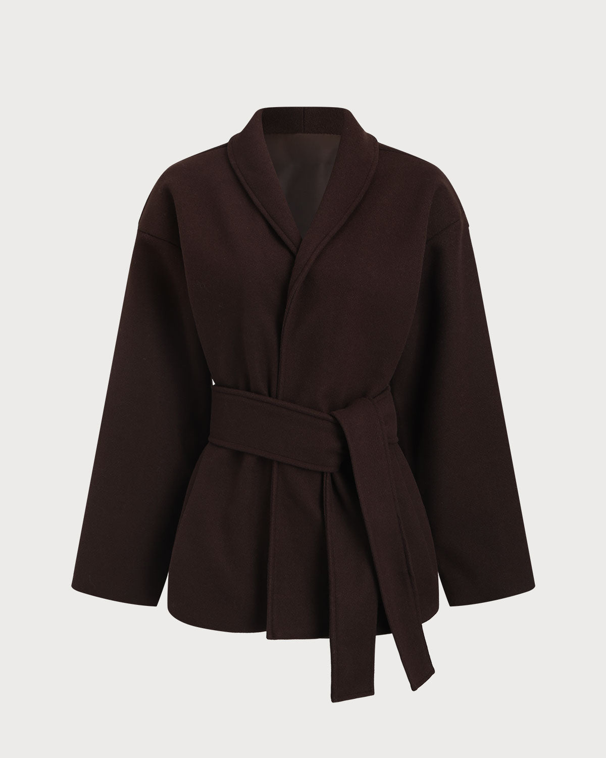 Shawl Collar Wrap Coat with Tie Belt and Wide Sleeves - Coffee